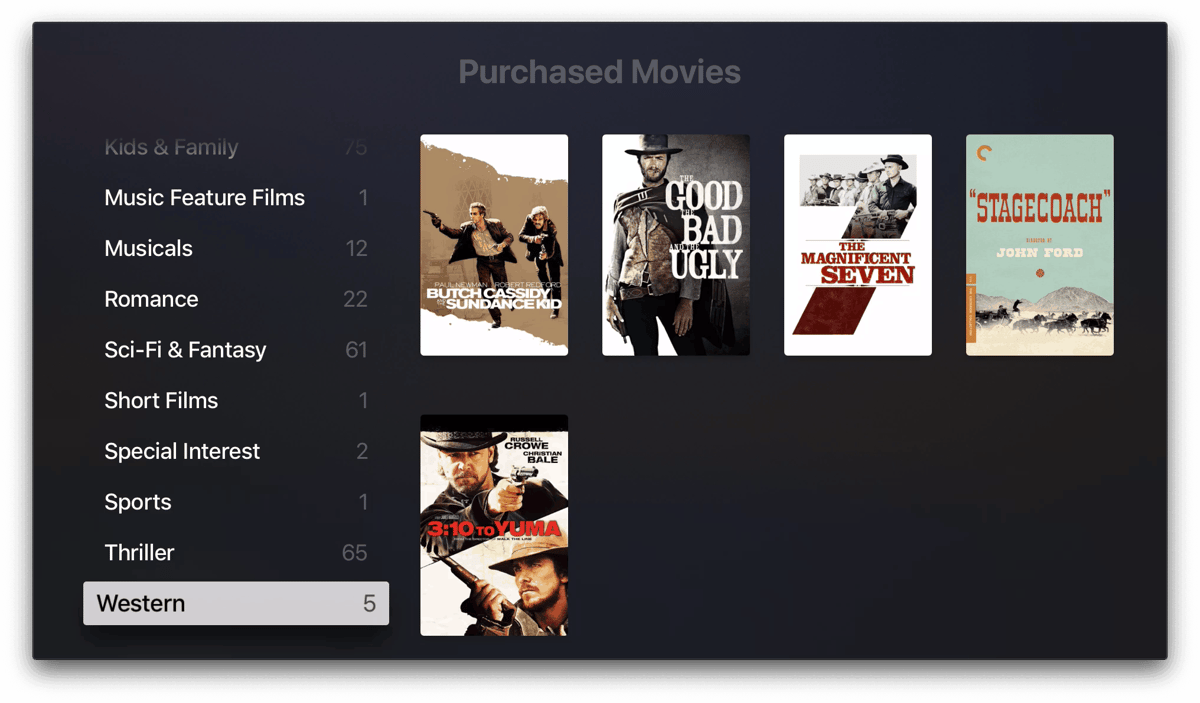 Purchased screen, All Movies (apple-defined genres)