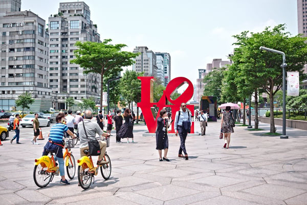 Love artwork signage on the street in front of Taipei 101.