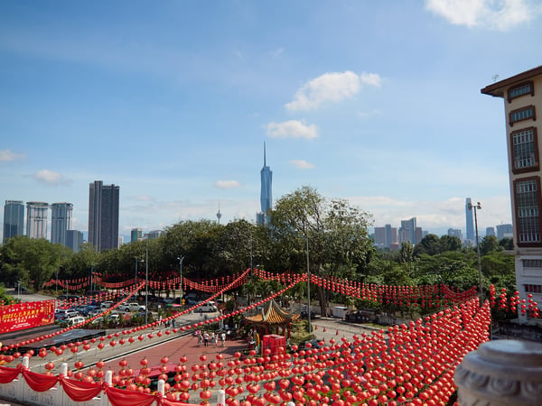Thean Hou Temple, lanterns and cityscape, Kuala Lumpur, Malaysia