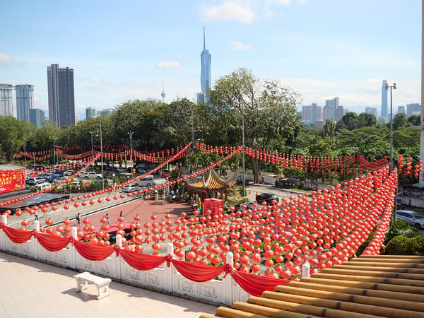 Thean Hou Temple, lanterns and cityscape, Kuala Lumpur, Malaysia