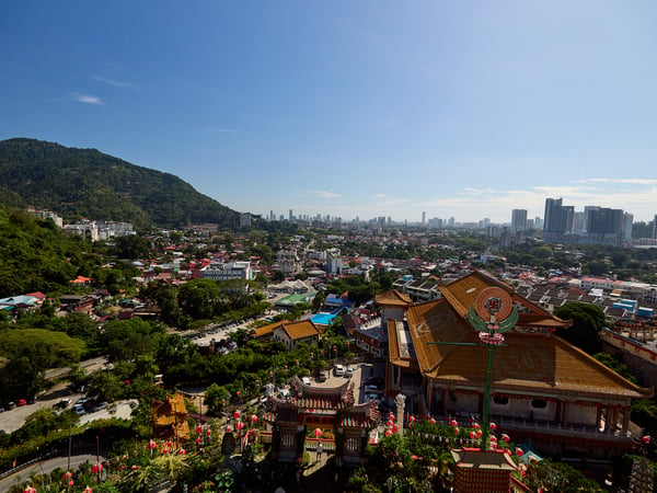 Temple details, architecture and cityscape, Kek Lok Si Temple, Penang, Malaysia