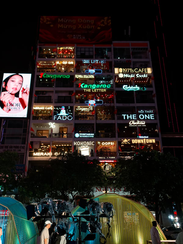 The cafe apartments at night, Ho Chi Min City, Vietnam
