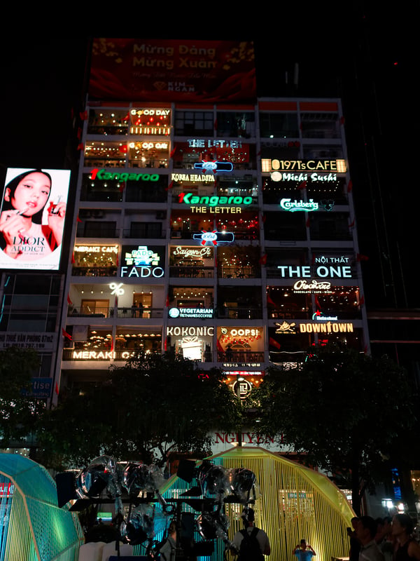 The cafe apartments at night, Ho Chi Min City, Vietnam